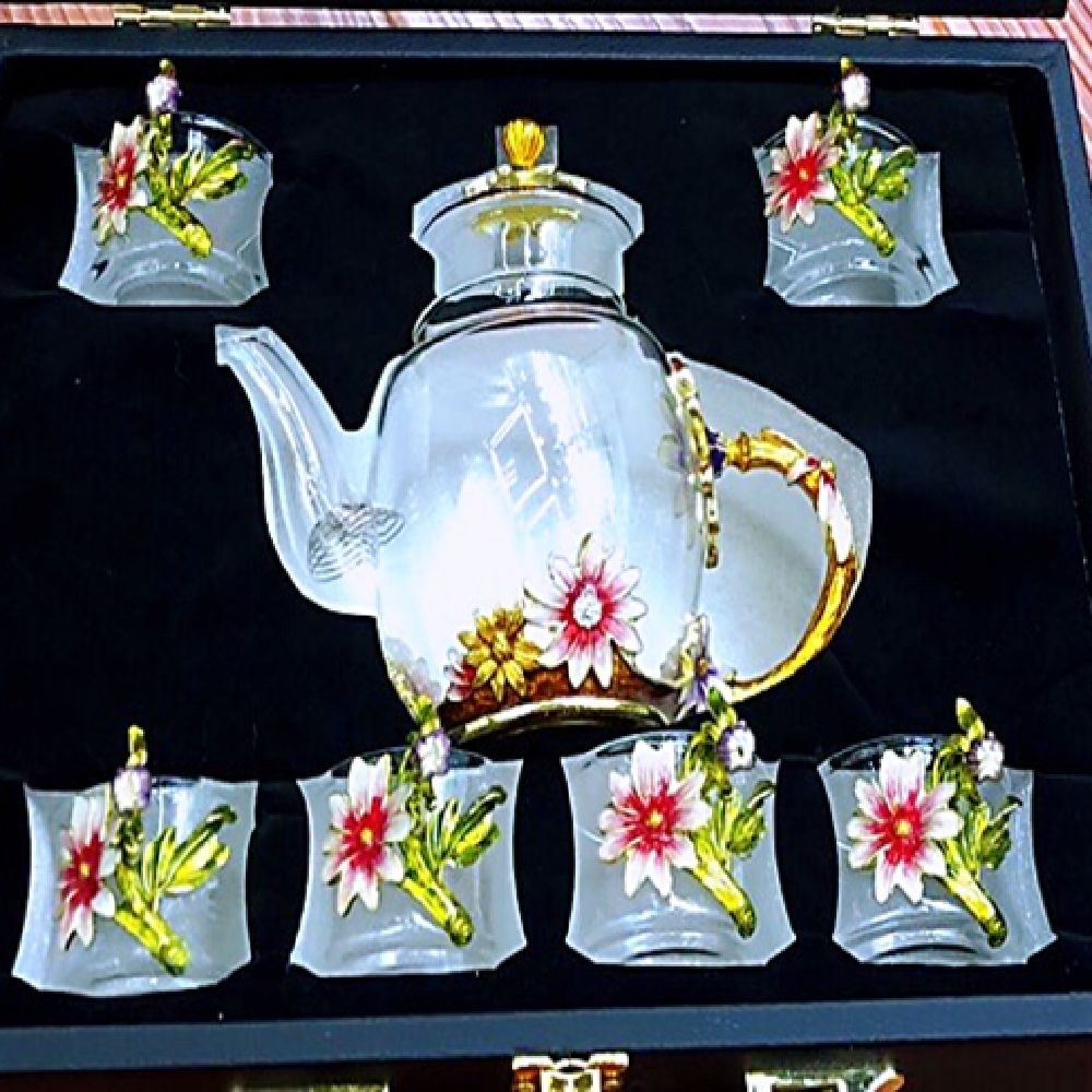 菊花茶壶七件套 水晶玻璃 菊花茶壶七件套 手工镶花茶具7件套