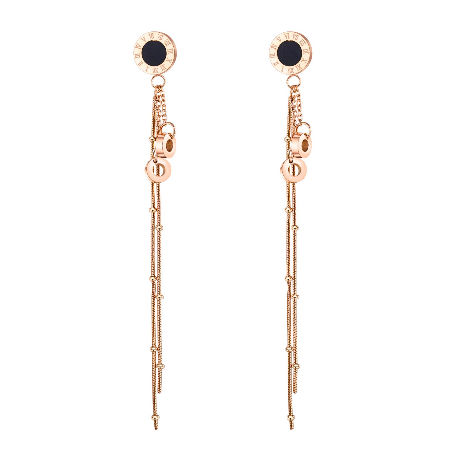 Classic Roman numeral earrings from Japan and South Korea, long and versatile, elegant stainless steel stud earrings, titanium steel tassel earrings for women detail image 1