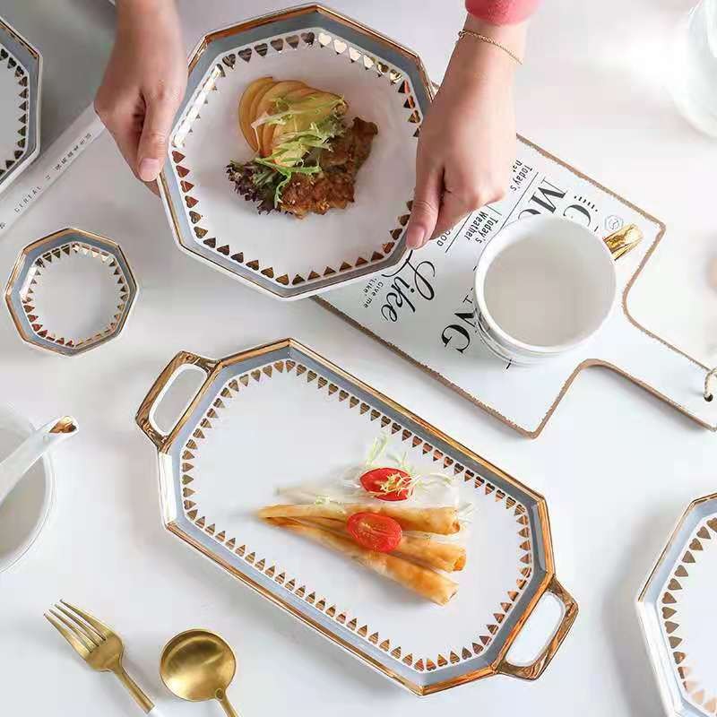 金色年华 创意描金八角形陶瓷餐具中西餐盘碗盘套装 马克杯碗盘详情图3