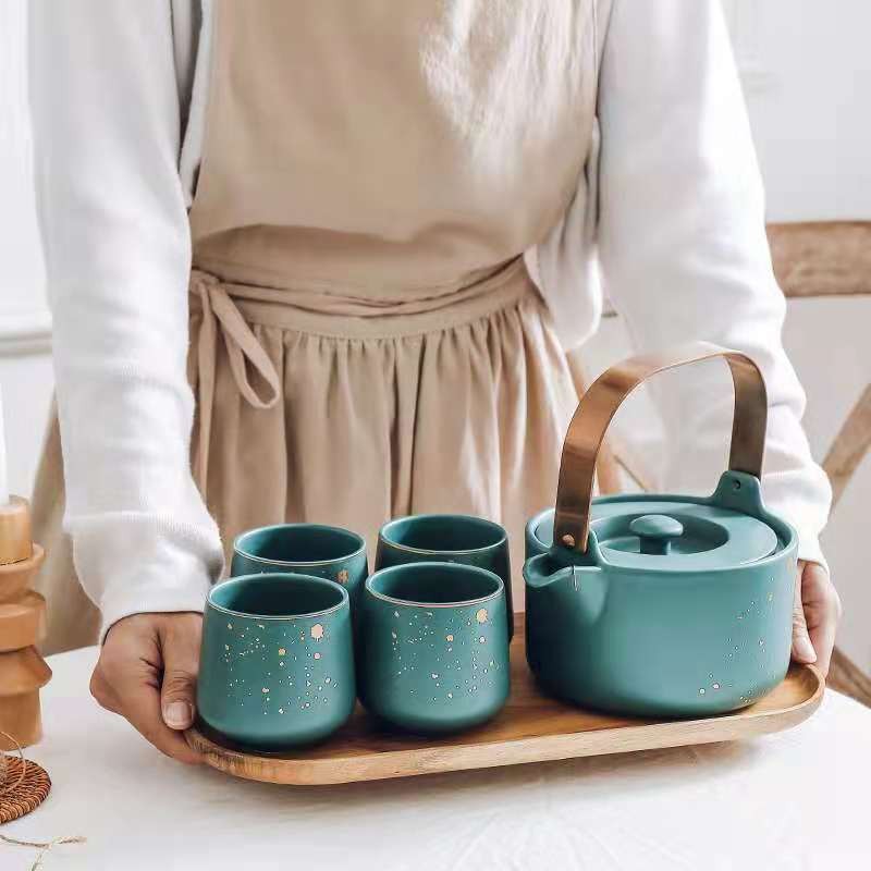 家用茶壶茶具套装 日式哑光陶瓷下午茶杯配相思木底托详情图2