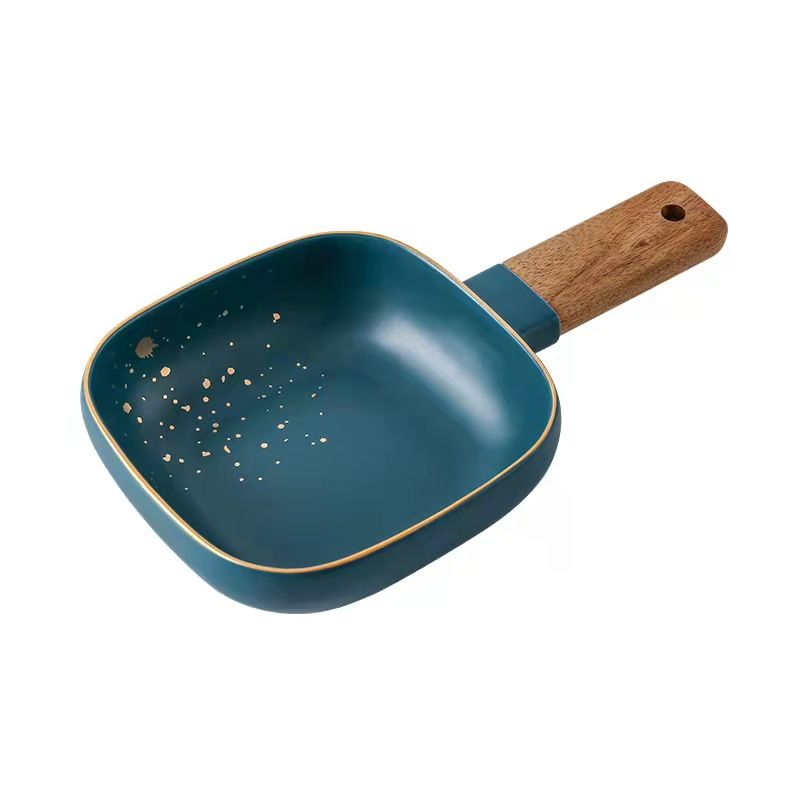 Gold dot retro gold edge ceramic tableware, acacia wood handle plates, steak plates, rice bowls, soup bowls and noodle bowls details Picture