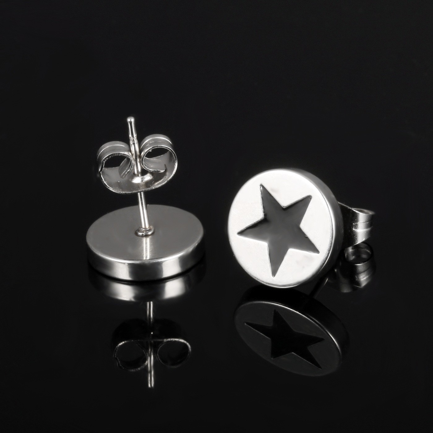 Men's titanium steel stud earrings, flat round oil-dripping five-pointed star earrings, Korean-style accessories wholesale, festival gifts detail image 2
