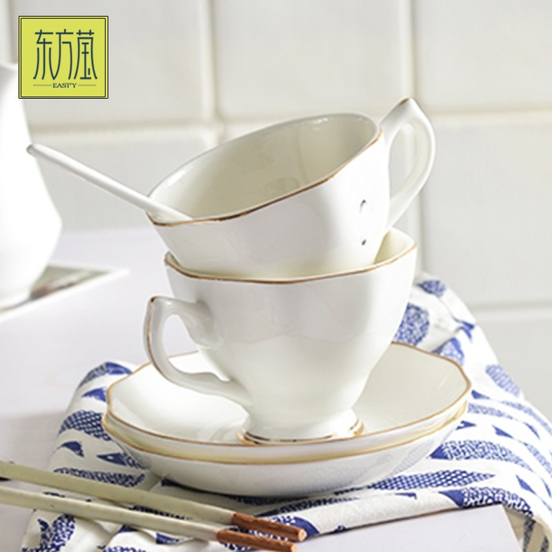 Ceramic cups and plates, bone China coffee cups and plates, American cups and plates, afternoon tea, Western coffee cups, solid color with gold lines, Nordic light luxury and simple style detail image 3