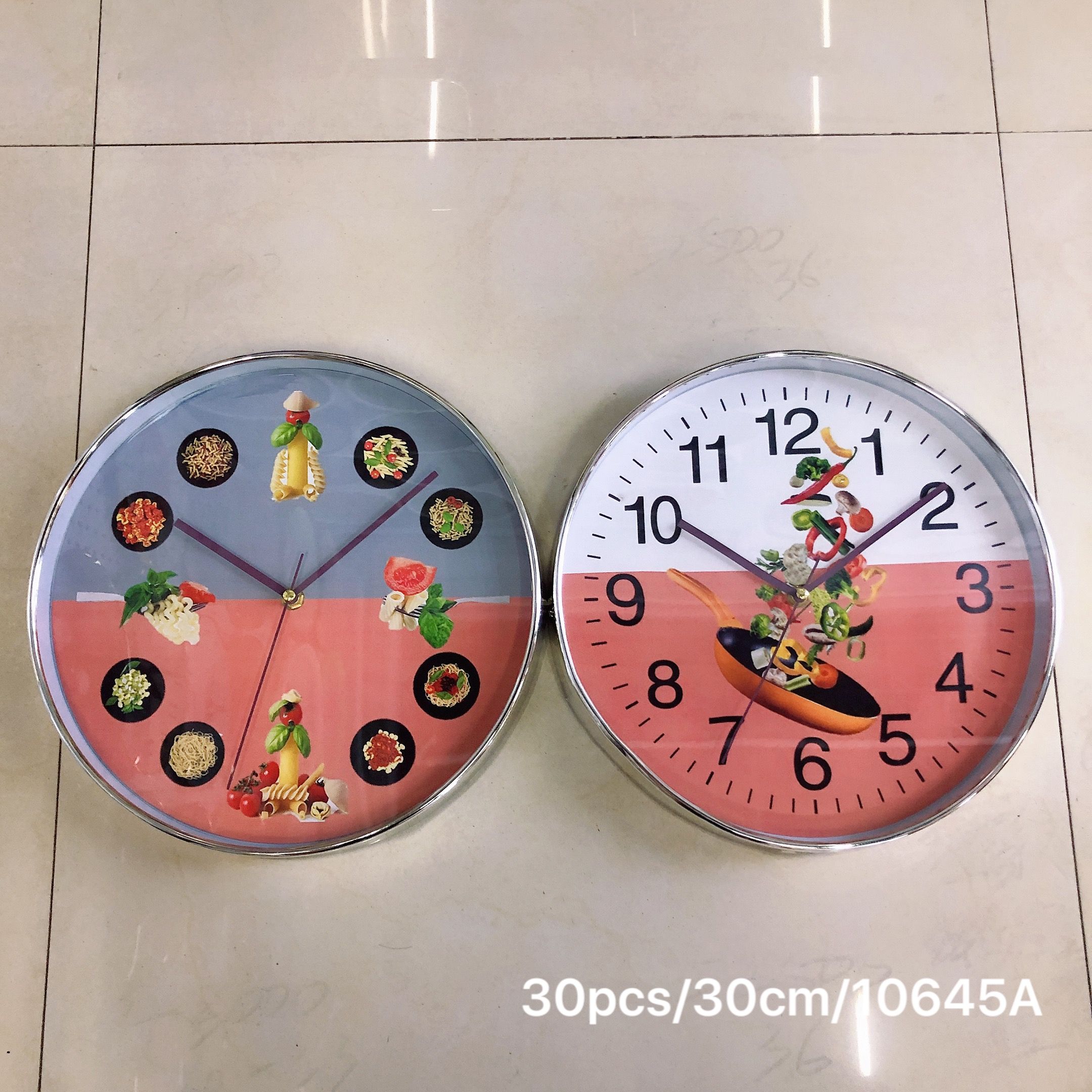 12-inch electroplated process creative quartz wall clock for study and kitchen is available for wholesale from the customer's LOGO factory Specification image