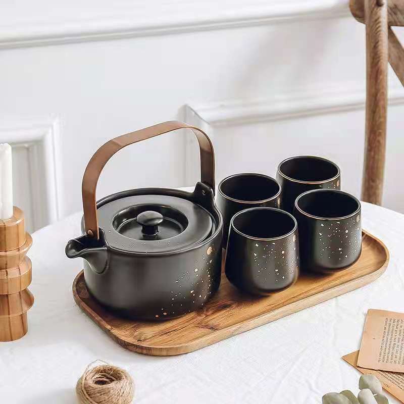 家用茶壶茶具套装 日式哑光陶瓷下午茶杯配相思木底托详情图4