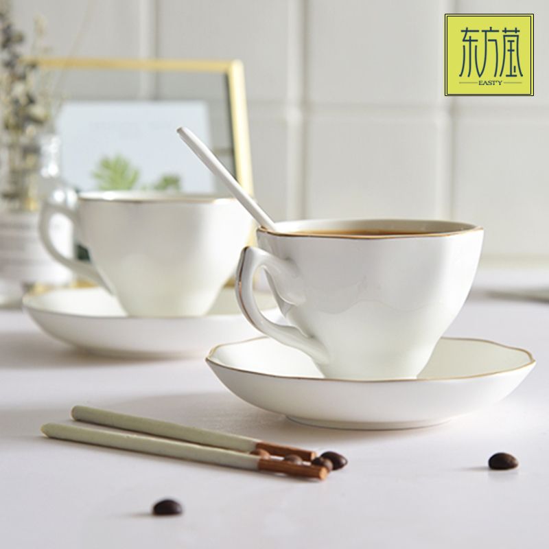 Ceramic cups and plates, bone China coffee cups and plates, American cups and plates, afternoon tea, Western coffee cups, solid color with gold lines, Nordic light luxury and simple style