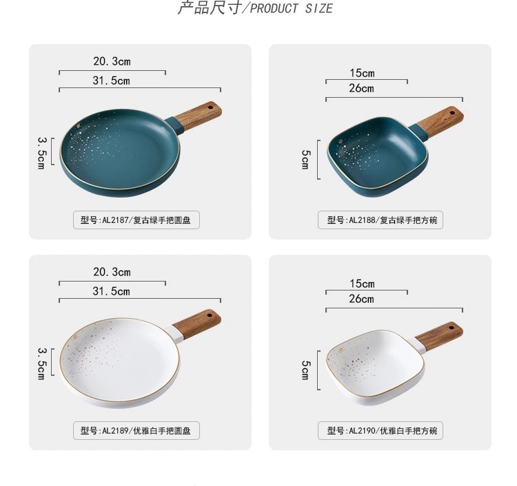 Gold dot retro gold edge ceramic tableware, acacia wood handle plates, steak plates, rice bowls, soup bowls and noodle bowls detail image 15