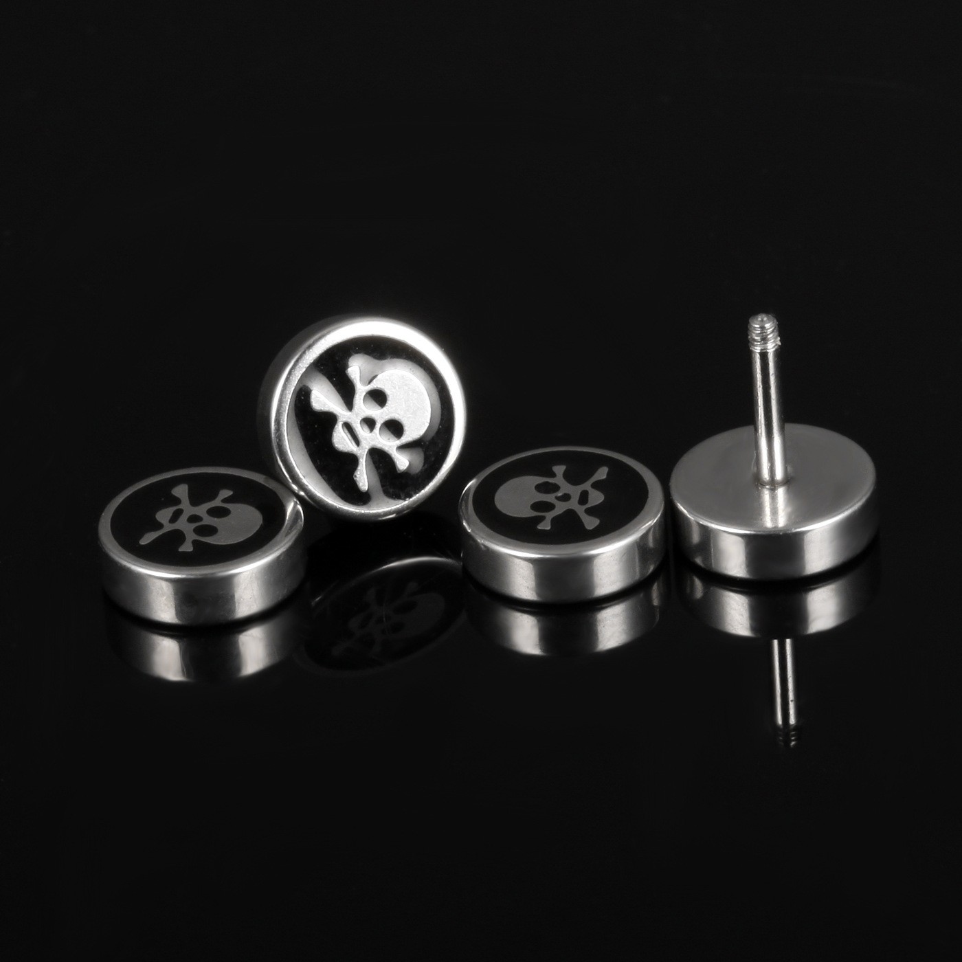 Wholesale of Halloween men's titanium steel ear studs, flat round oil-dripping skull ghost head earrings and accessories detail image 2