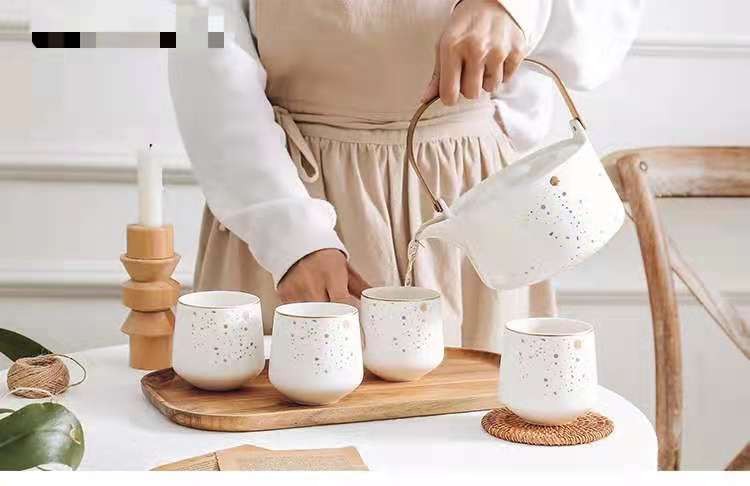 家用茶壶茶具套装 日式哑光陶瓷下午茶杯配相思木底托详情图3