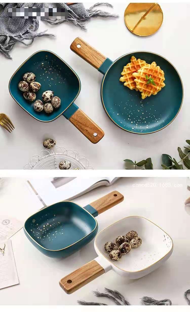 Gold dot retro gold edge ceramic tableware, acacia wood handle plates, steak plates, rice bowls, soup bowls and noodle bowls detail image 10
