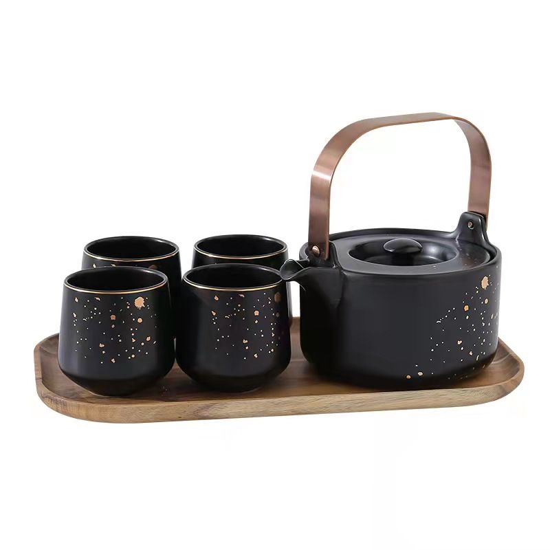 家用茶壶茶具套装 日式哑光陶瓷下午茶杯配相思木底托图