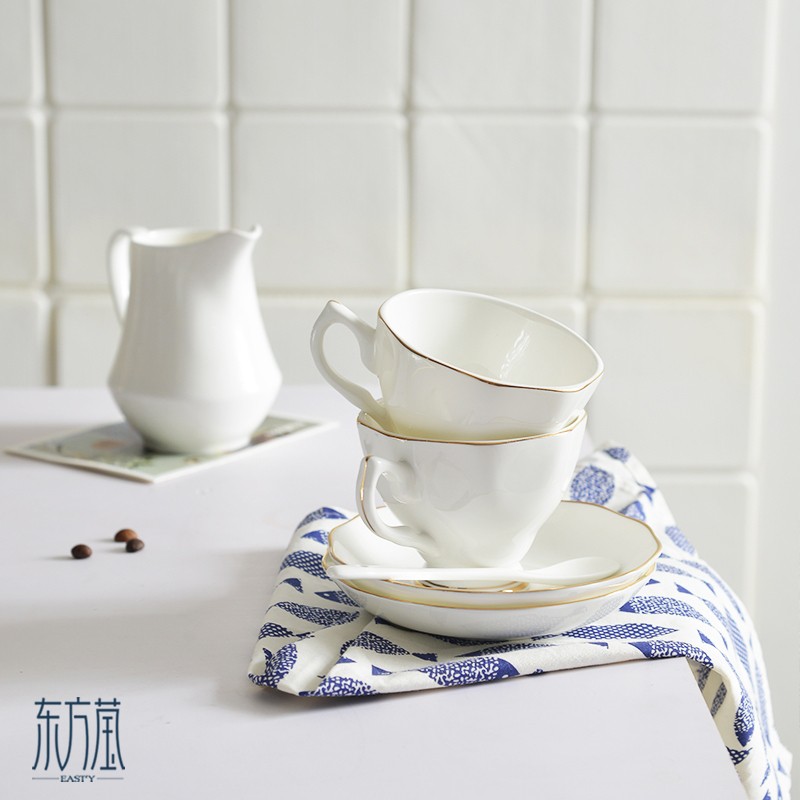 Ceramic cups and plates, bone China coffee cups and plates, American cups and plates, afternoon tea, Western coffee cups, solid color with gold lines, Nordic light luxury and simple style detail image 6