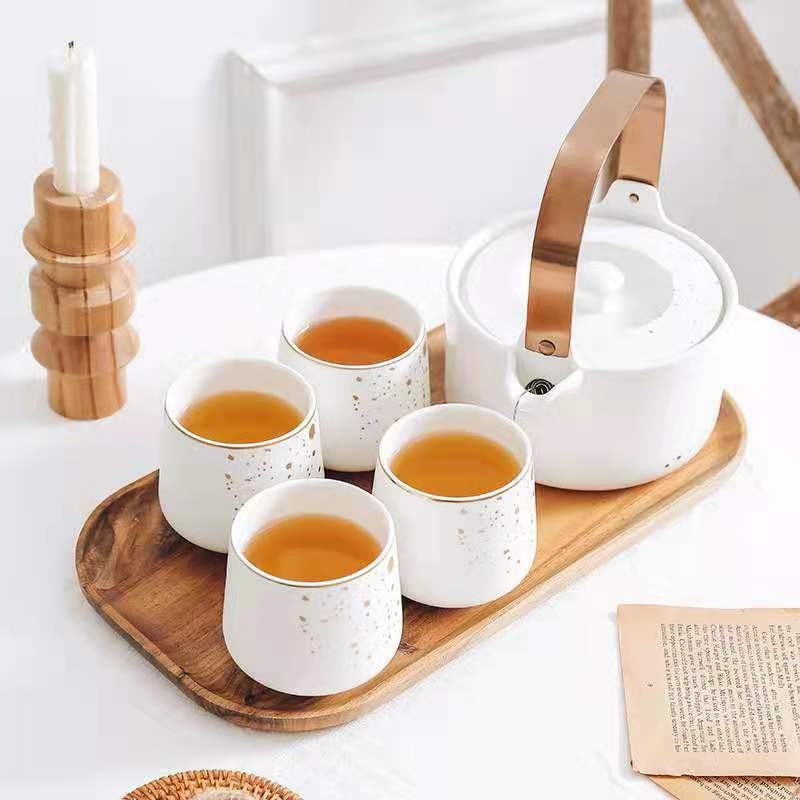 家用茶壶茶具套装 日式哑光陶瓷下午茶杯配相思木底托详情图1