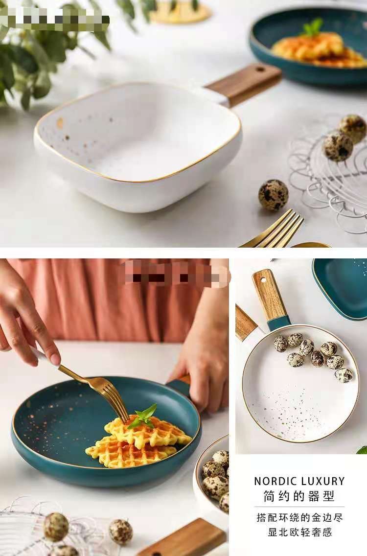 Gold dot retro gold edge ceramic tableware, acacia wood handle plates, steak plates, rice bowls, soup bowls and noodle bowls detail image 11