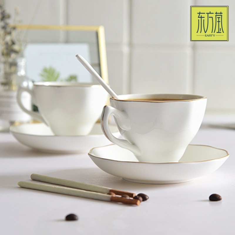 Ceramic cups and plates, bone China coffee cups and plates, American cups and plates, afternoon tea, Western coffee cups, solid color with gold lines, Nordic light luxury and simple style detail image 4