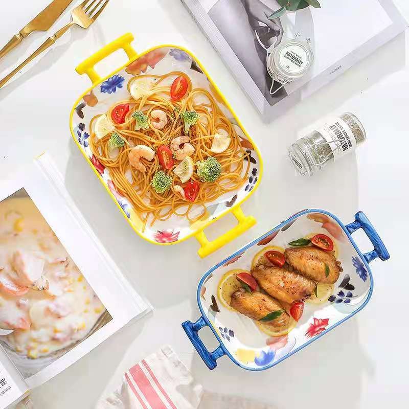 漫花季系列 手彩陶瓷把手烘培烤盘烤碗 创意焗饭烤盘西餐盘家用详情图2