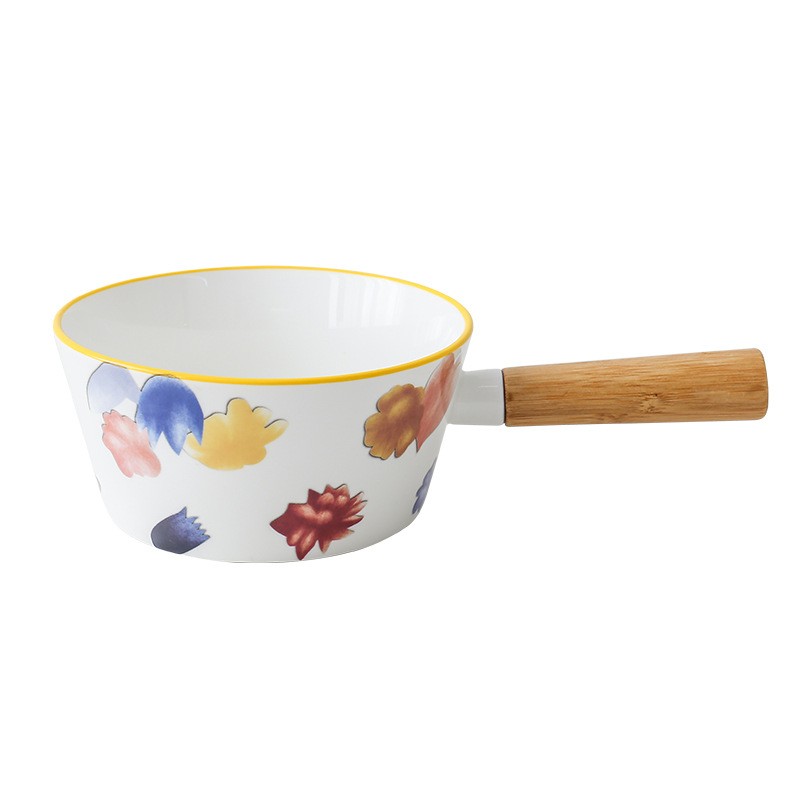 Creative floral round cold dish bowl, bamboo-handled ramen bowl, single-handled ceramic dessert pasta bowl, breakfast snack bowl detail image 11