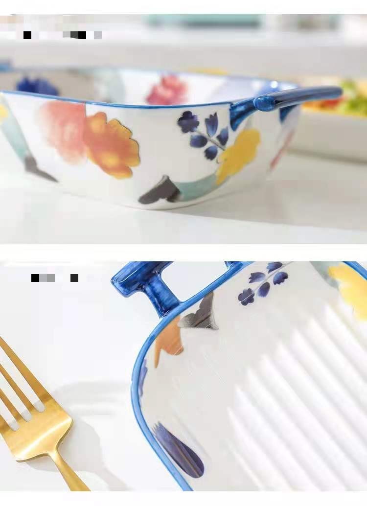 漫花季系列 手彩陶瓷把手烘培烤盘烤碗 创意焗饭烤盘西餐盘家用详情图11