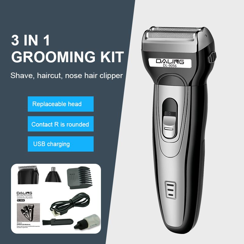 DALING-9056 Three-in-one Shaver, reciprocating electric rechargeable razor, multi-functional Hairdresser, Nose Hair razor, grey set, wholesale for export, three-in-one shaver, hairdresser, nose hair razor