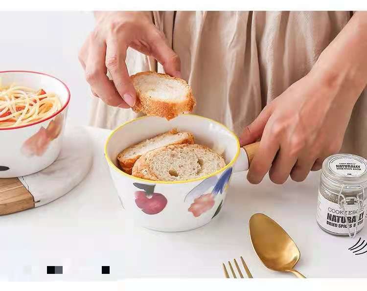 创意花卉圆形凉拌碗竹柄拉面碗 单柄陶瓷甜点意面碗早餐小吃碗详情图12