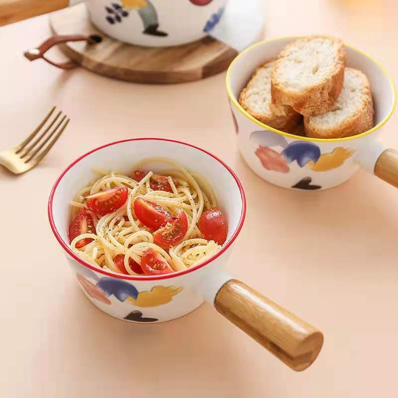 Creative floral round cold dish bowl, bamboo-handled ramen bowl, single-handled ceramic dessert pasta bowl, breakfast snack bowl detail image 3