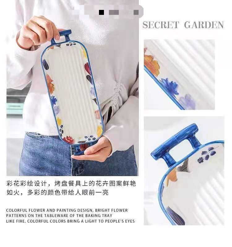 漫花季系列 手彩陶瓷把手烘培烤盘烤碗 创意焗饭烤盘西餐盘家用详情图7