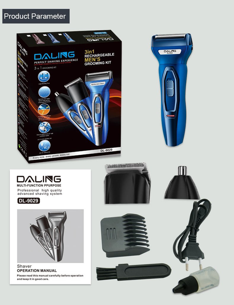 DALING-9029 Three-in-one Shaver, reciprocating electric rechargeable razor, multi-functional Hairdresser, Nose Hair Razor, blue set, wholesale for export, three-in-one shaver, hairdresser, nose hair razor detail image 14