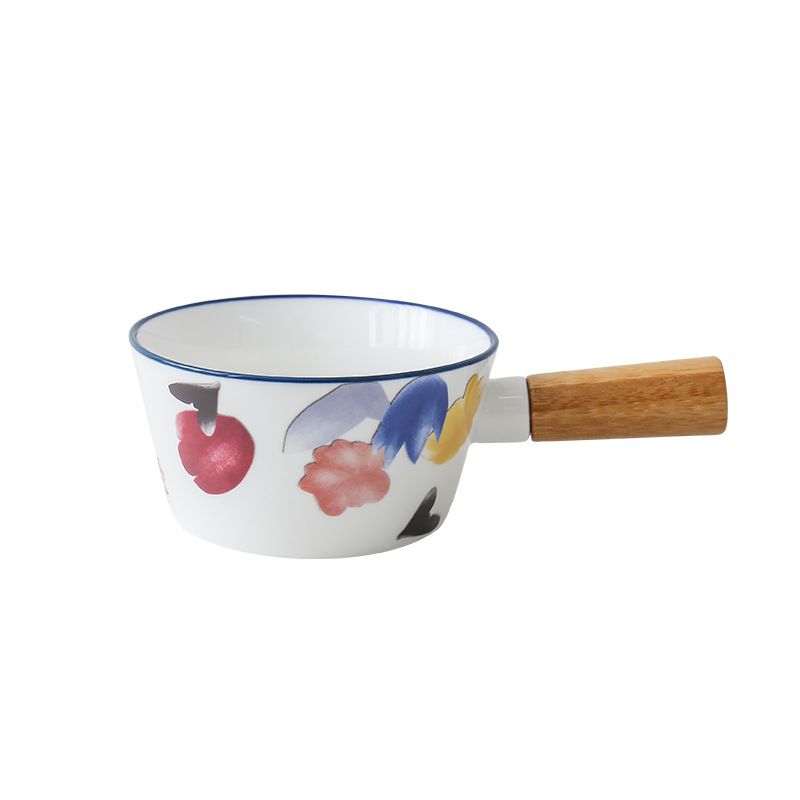 Creative floral round cold dish bowl, bamboo-handled ramen bowl, single-handled ceramic dessert pasta bowl, breakfast snack bowl Item Picture