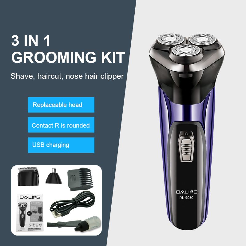 DALING-9050 Electric shaver, three-in-one multi-functional razor, high-power men's blade head, washable beard styling device, fast-charging shaving head magic tool, wholesale for export details Picture