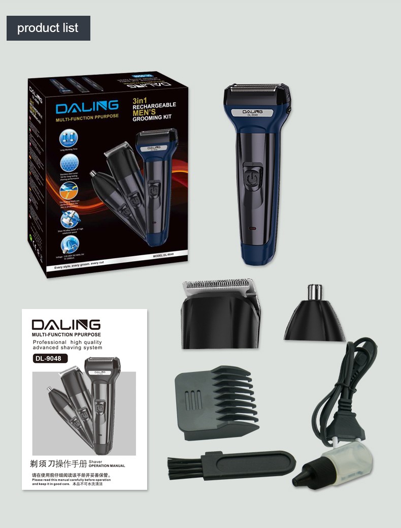 DALING-9048 Three-in-one Shaver, reciprocating electric rechargeable razor, multi-functional Hairdresser, Nose Hair Razor, blue set, wholesale for export, three-in-one shaver, hairdresser, nose hair razor detail image 15