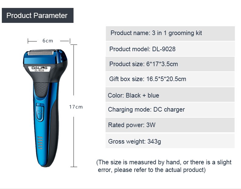 DALING-9028 Three-in-one Shaver, reciprocating electric rechargeable razor, multi-functional Hairdresser, Nose Hair Razor, blue set, wholesale for export, three-in-one shaver, hairdresser, nose hair razor detail image 13