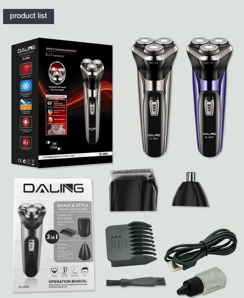 DALING-9050 Electric shaver, three-in-one multi-functional razor, high-power men's blade head, washable beard styling device, fast-charging shaving head magic tool, wholesale for export detail image 14