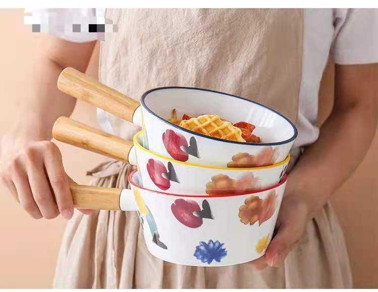 创意花卉圆形凉拌碗竹柄拉面碗 单柄陶瓷甜点意面碗早餐小吃碗详情图5