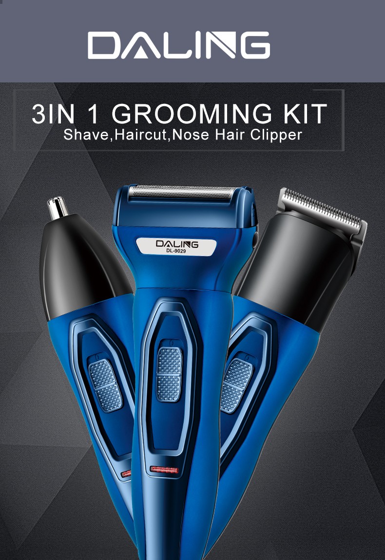 DALING-9029 Three-in-one Shaver, reciprocating electric rechargeable razor, multi-functional Hairdresser, Nose Hair Razor, blue set, wholesale for export, three-in-one shaver, hairdresser, nose hair razor detail image 1