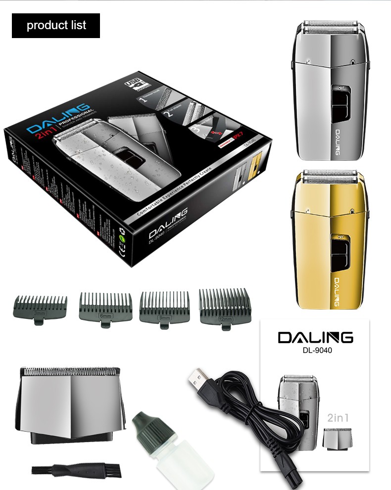 DALING-9040 two-in-one shaver, reciprocating electric rechargeable razor, multi-functional hair clipper, metal body, full-body washable, wholesale for export, two-in-one shaver and hair clipper detail image 15