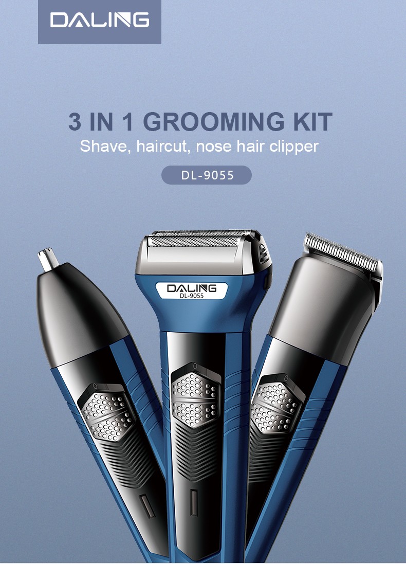 DALING-9055 Three-in-one Shaver, reciprocating electric rechargeable razor, multi-functional Hairdresser, Nose Hair Razor, blue set, wholesale for export, three-in-one shaver, hairdresser, nose hair razor detail image 1