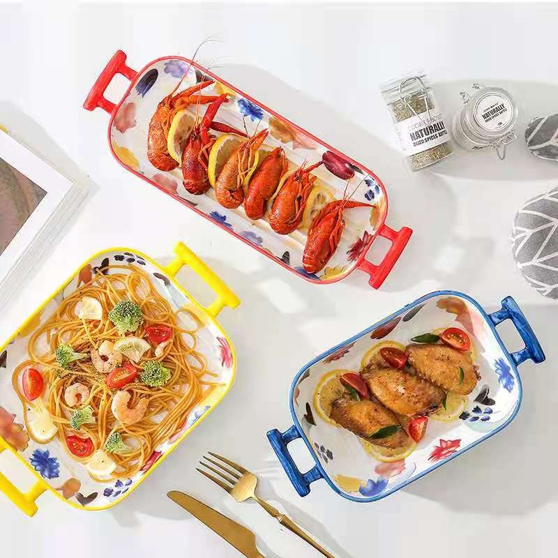 漫花季系列 手彩陶瓷把手烘培烤盘烤碗 创意焗饭烤盘西餐盘家用详情图9