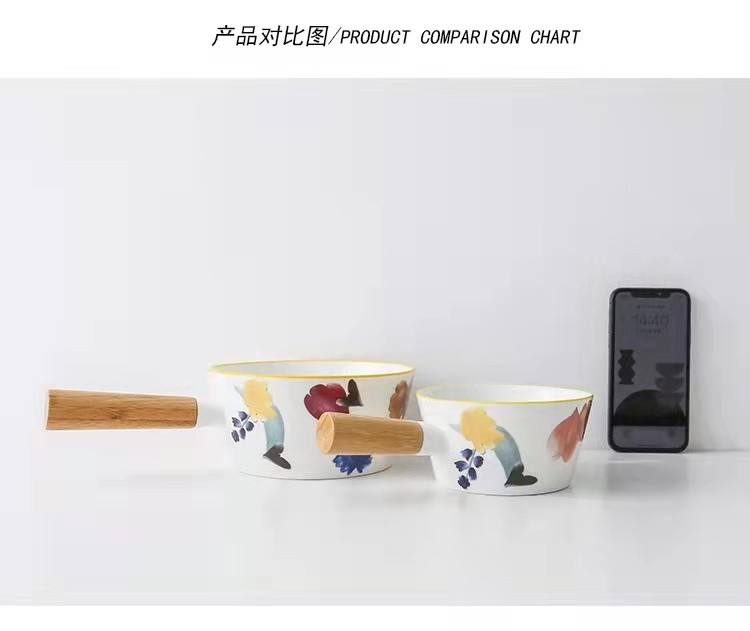 Creative floral round cold dish bowl, bamboo-handled ramen bowl, single-handled ceramic dessert pasta bowl, breakfast snack bowl detail image 2