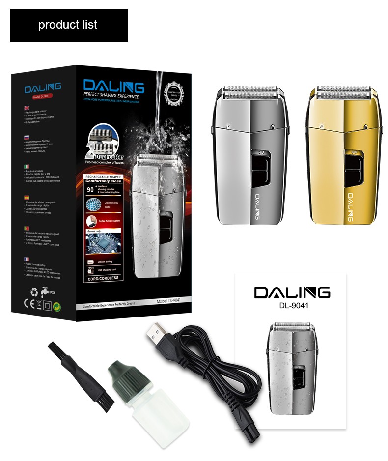 DALING-9041 reciprocating electric rechargeable razor, metal body, full-body washable silver set, wholesale for export, wholesale for export detail image 12