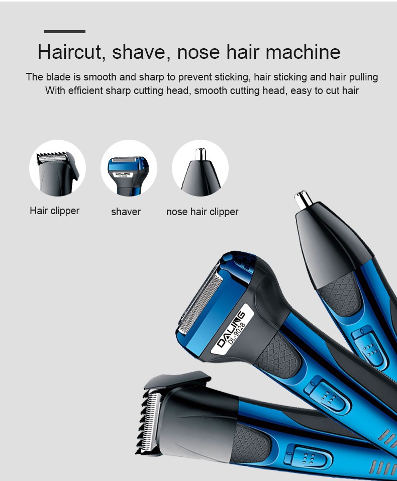 DALING-9028 Three-in-one Shaver, reciprocating electric rechargeable razor, multi-functional Hairdresser, Nose Hair Razor, blue set, wholesale for export, three-in-one shaver, hairdresser, nose hair razor detail image 4