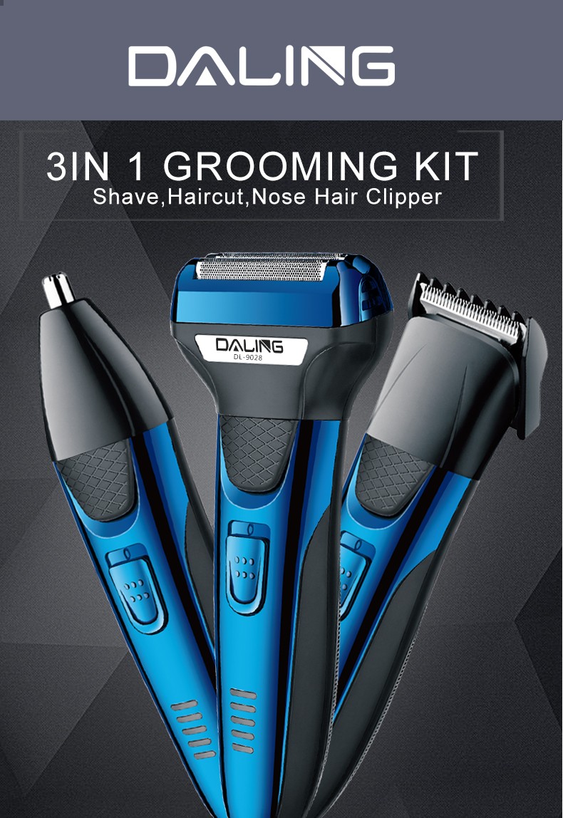 DALING-9028 Three-in-one Shaver, reciprocating electric rechargeable razor, multi-functional Hairdresser, Nose Hair Razor, blue set, wholesale for export, three-in-one shaver, hairdresser, nose hair razor detail image 1