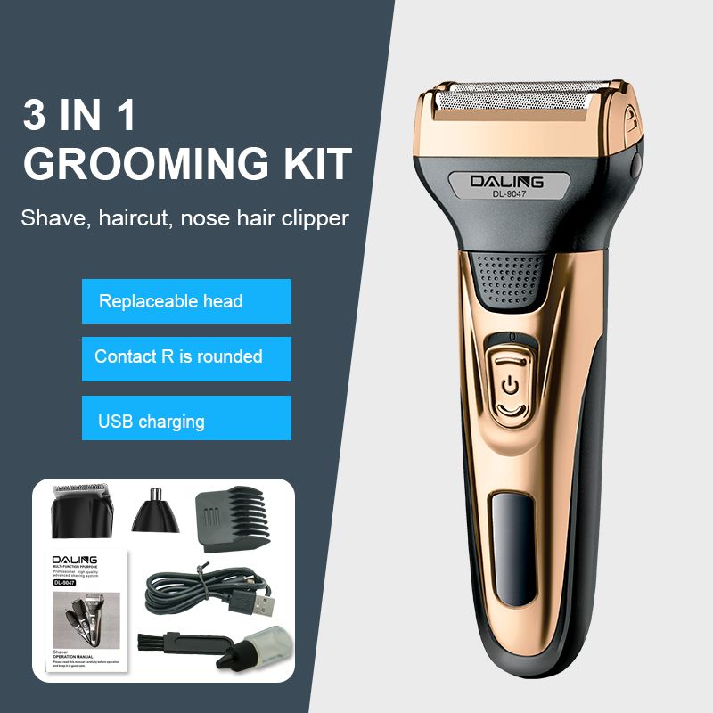 DALING-9047 Three-in-one Shaver, reciprocating electric rechargeable razor, multi-functional Hairdresser, Nose Hair Razor, Gold set, wholesale for export, three-in-one shaver, hairdresser, nose hair razor