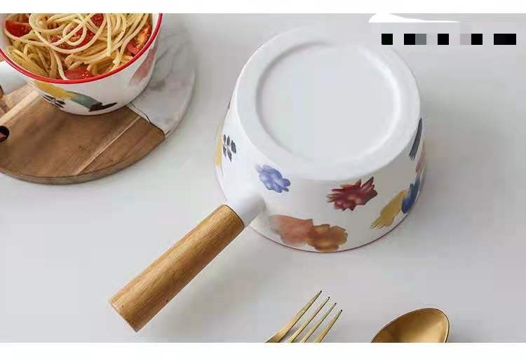 Creative floral round cold dish bowl, bamboo-handled ramen bowl, single-handled ceramic dessert pasta bowl, breakfast snack bowl detail image 9