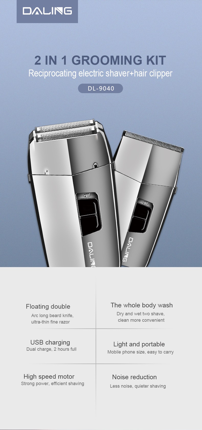 DALING-9040 two-in-one shaver, reciprocating electric rechargeable razor, multi-functional hair clipper, metal body, full-body washable, wholesale for export, two-in-one shaver and hair clipper detail image 1