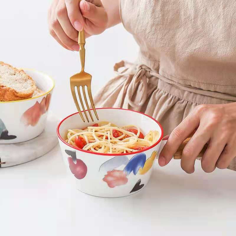 创意花卉圆形凉拌碗竹柄拉面碗 单柄陶瓷甜点意面碗早餐小吃碗详情图1