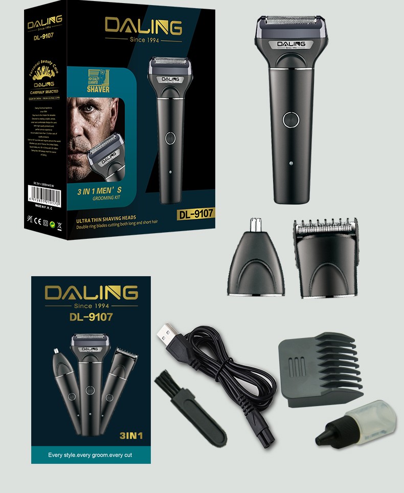 DALING-9107 Three-in-one Shaver, rotary electric rechargeable Razor, Multi-functional Hairdresser, Nose Hair Dispenser, Black set, wholesale for export, three-in-one shaver, hairdresser, nose hair dispenser detail image 14
