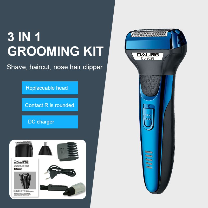 DALING-9028 Three-in-one Shaver, reciprocating electric rechargeable razor, multi-functional Hairdresser, Nose Hair Razor, blue set, wholesale for export, three-in-one shaver, hairdresser, nose hair razor