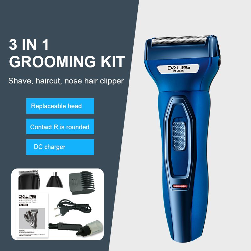 DALING-9029 Three-in-one Shaver, reciprocating electric rechargeable razor, multi-functional Hairdresser, Nose Hair Razor, blue set, wholesale for export, three-in-one shaver, hairdresser, nose hair razor