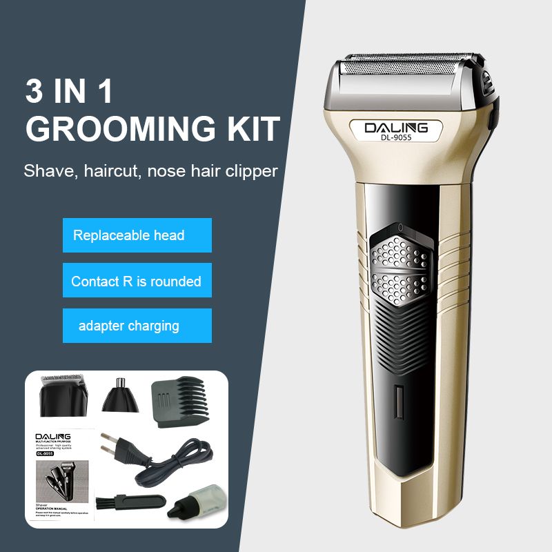 DALING-9055 Three-in-one Shaver, reciprocating electric rechargeable razor, multi-functional Hairdresser, Nose Hair Razor, blue set, wholesale for export, three-in-one shaver, hairdresser, nose hair razor
