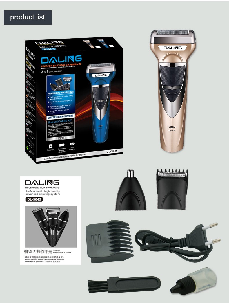 DALING-9045 Three-in-one Shaver, reciprocating electric rechargeable razor, multi-functional Hairdresser, Nose Hair Razor, Gold set, wholesale for export, three-in-one shaver, hairdresser, nose hair razor detail image 15